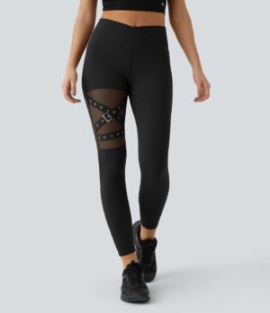 Leggings yoga hebilla decorativa malla contrastante cruzada tiro alto