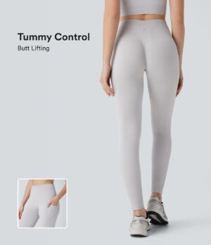Leggings yoga tiro alto control abdomen realce glúteo bolsillo lateral 7/8 sin costuras