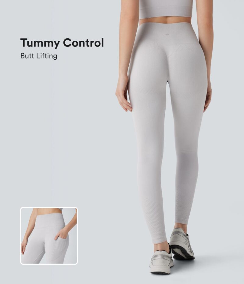 Leggings yoga tiro alto control abdomen realce glúteo bolsillo lateral 7/8 sin costuras