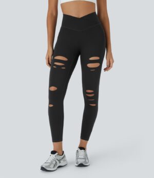 Leggings casuales rasgados de tiro alto cruzado y bolsillos laterales en longitud 7/8