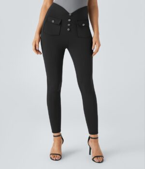 Leggings oficina 7/8 bolsillo lateral delantero botón decorativo tiro alto