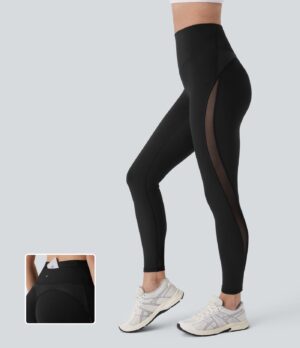 Leggings malla entrenamiento tiro alto control abdomen bolsillo cierre espalda malla contrastante 7/8