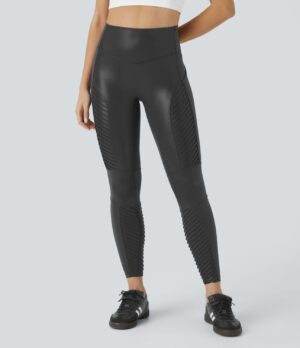 Leggings motociclista tiro alto bolsillo lateral cuero sintético brillante