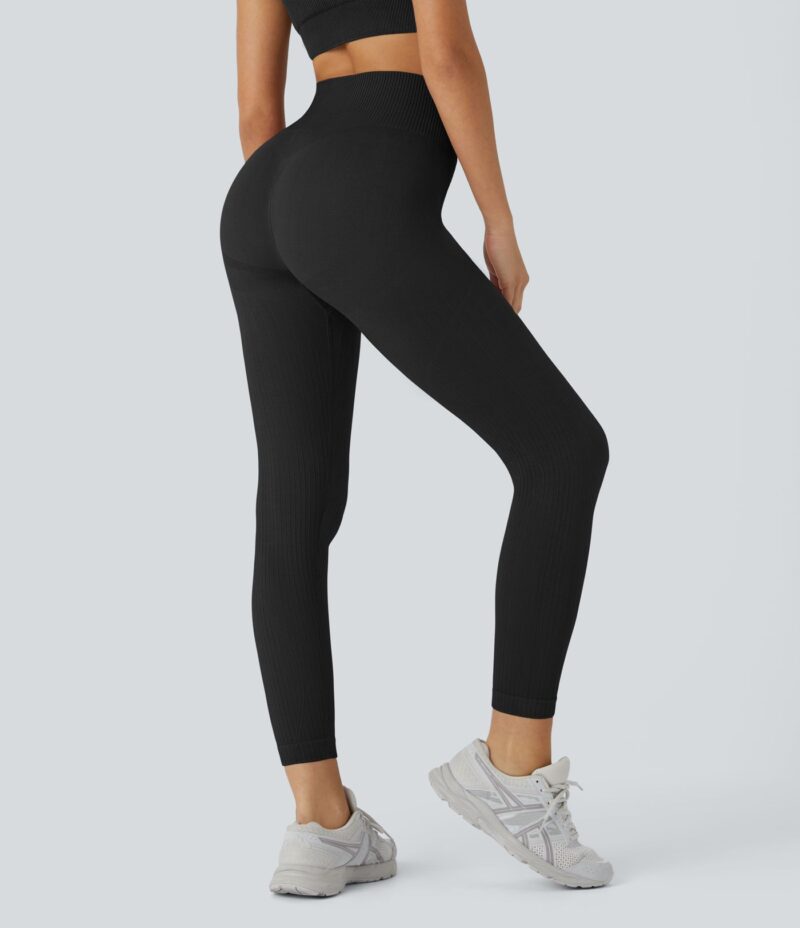 Leggings entrenamiento tiro alto acanalado suave sin costura agradable piel control abdomen levantamiento glúteo 7/8 - Image 2