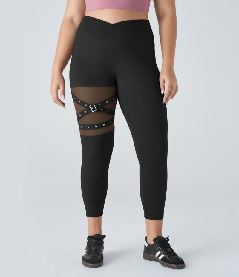 Leggings yoga tiro alto hebilla decorativa malla contrastante cruzado talla grande - Image 2