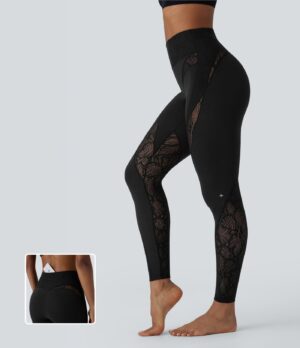 Leggings Softlyzero yoga tiro alto bolsillo trasero encaje contrastante 7/8 - UPF50+