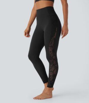 Leggings Softlyzero yoga tiro alto bolsillo trasero encaje contrastante 7/8 - UPF50+