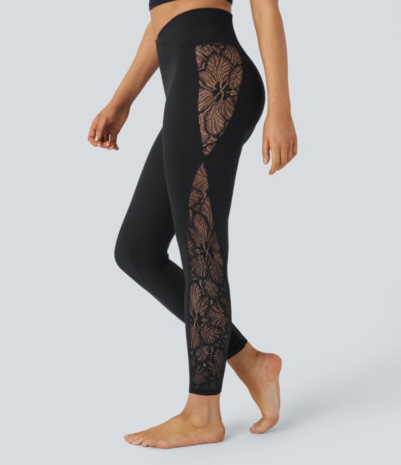 Leggings Softlyzero yoga tiro alto encaje contrastante bolsillo trasero cruzado 7/8 pulgada - UPF50+ - Image 2