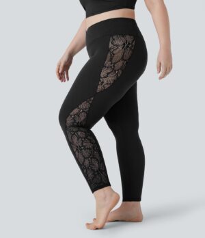 Leggings Softlyzero yoga tiro alto bolsillo trasero encaje contrastante cruzado talla grande 7/8 - UPF 50+