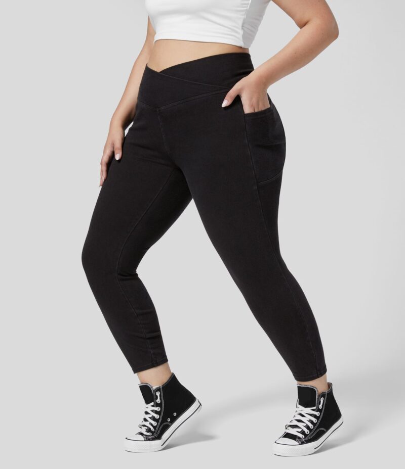 Leggings Flex Denim oficina mezclilla elástica lavada bolsillo lateral cruzado talla grande - Image 2