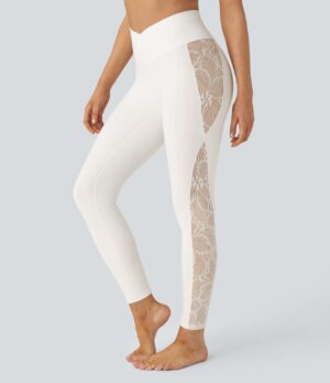Leggings Softlyzero yoga tiro alto encaje contrastante bolsillo trasero cruzado 7/8 pulgada - UPF50+