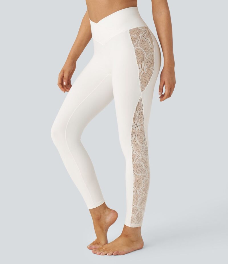 Leggings Softlyzero yoga tiro alto encaje contrastante bolsillo trasero cruzado 7/8 pulgada - UPF50+