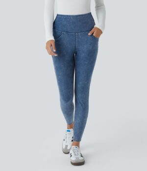 Leggings Flex Denim mezclilla elástica lavada bolsillo lateral cruzado tiro alto 7/8