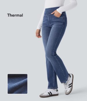 Jeans Flex Denim térmico tiro alto lavado elástico múltiple bolsillo corte acampanado