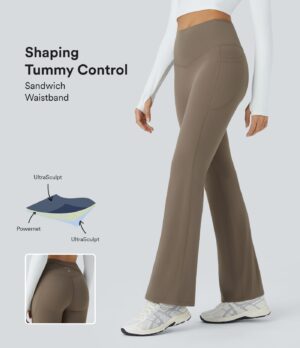 Leggings SoCinched yoga UltraSculpt ligeramente acampanado tiro alto control abdomen fruncido cruzado bolsillo lateral