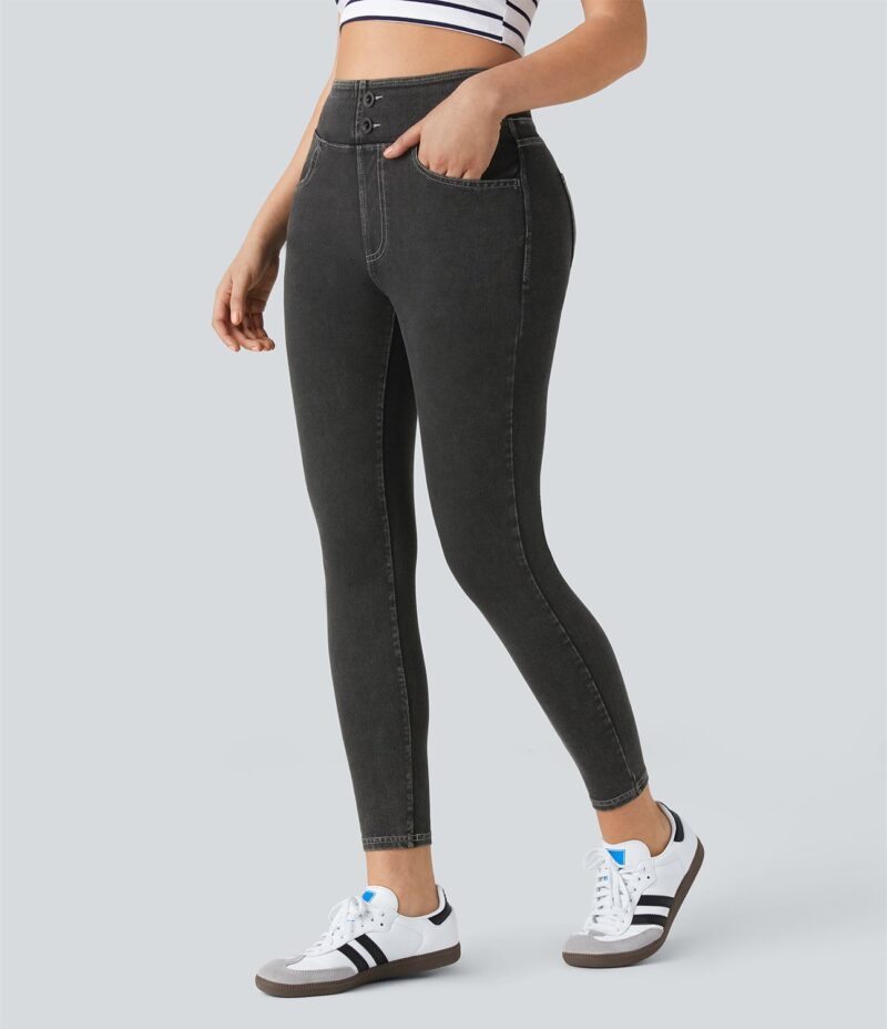 Leggings Flex Denim mezclilla punto elástico botones decorativos tiro alto curva múltiples bolsillos 7/8 - Image 2