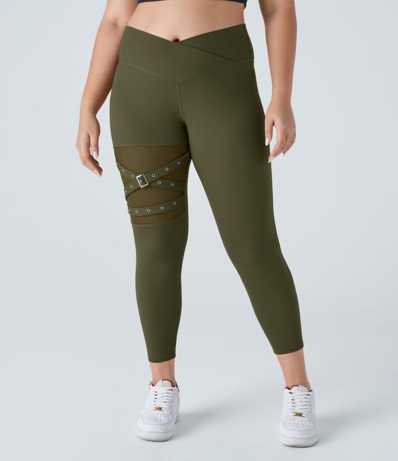 Leggings yoga tiro alto hebilla decorativa malla contrastante cruzado talla grande - Image 3