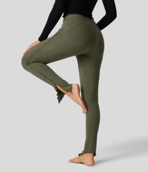 Leggings yoga Softlyzero largo ribete lechuga dobladillo dividido bolsillo lateral tiro alto