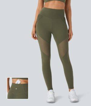 Leggings Softlyzero yoga tiro alto bolsillo trasero malla contrastante 7/8-UPF50+