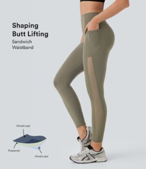 Leggings SoCinched UltraSculpt deportiva tiro alto realce glúteos control abdomen bolsillo lateral malla contrastante