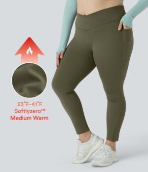 Softlyzero Fleece Leggings yoga bolsillo lateral cintura V tiro alto polar talla plus 7/8