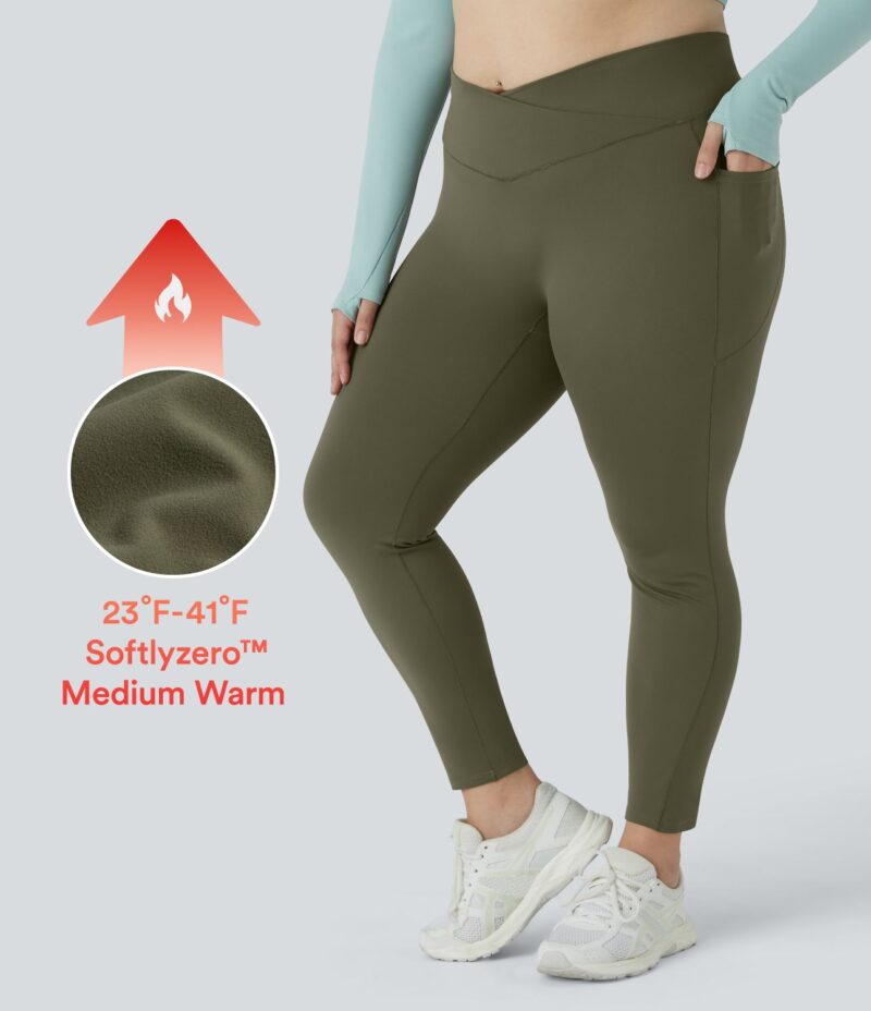 Softlyzero Fleece Leggings yoga bolsillo lateral cintura V tiro alto polar talla plus 7/8