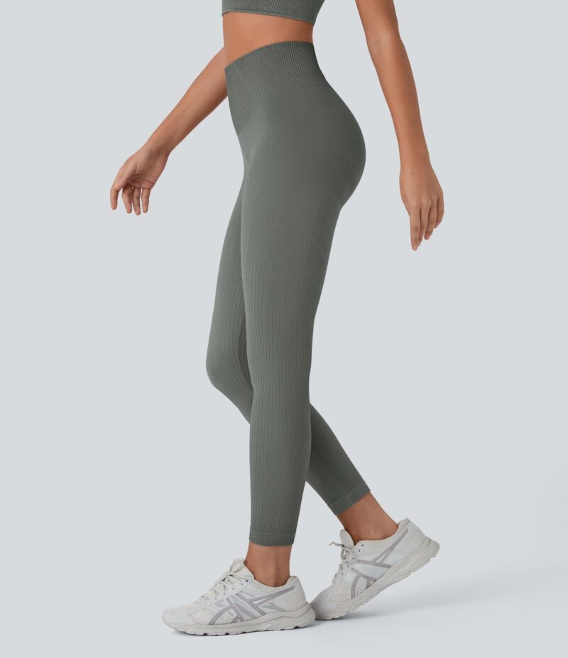 Leggings entrenamiento tiro alto acanalado suave sin costura agradable piel control abdomen levantamiento glúteo 7/8