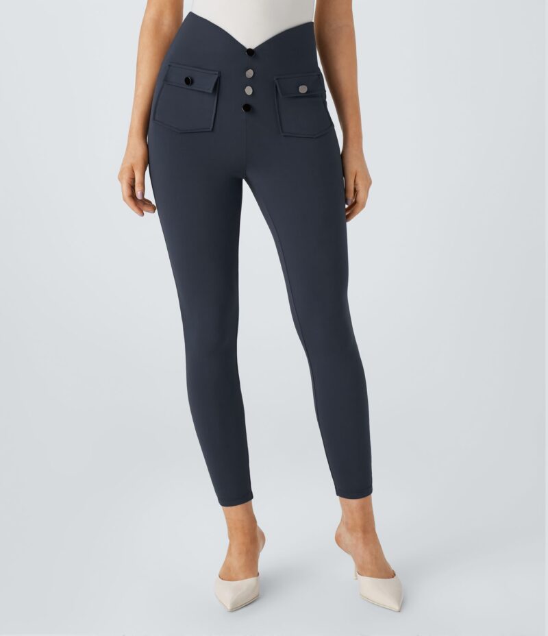 Leggings oficina 7/8 bolsillo lateral delantero botón decorativo tiro alto - Image 2