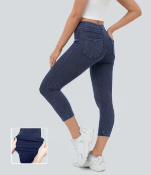 Leggings Flex Denim elásticos en longitud capri de tiro alto con bolsillos traseros