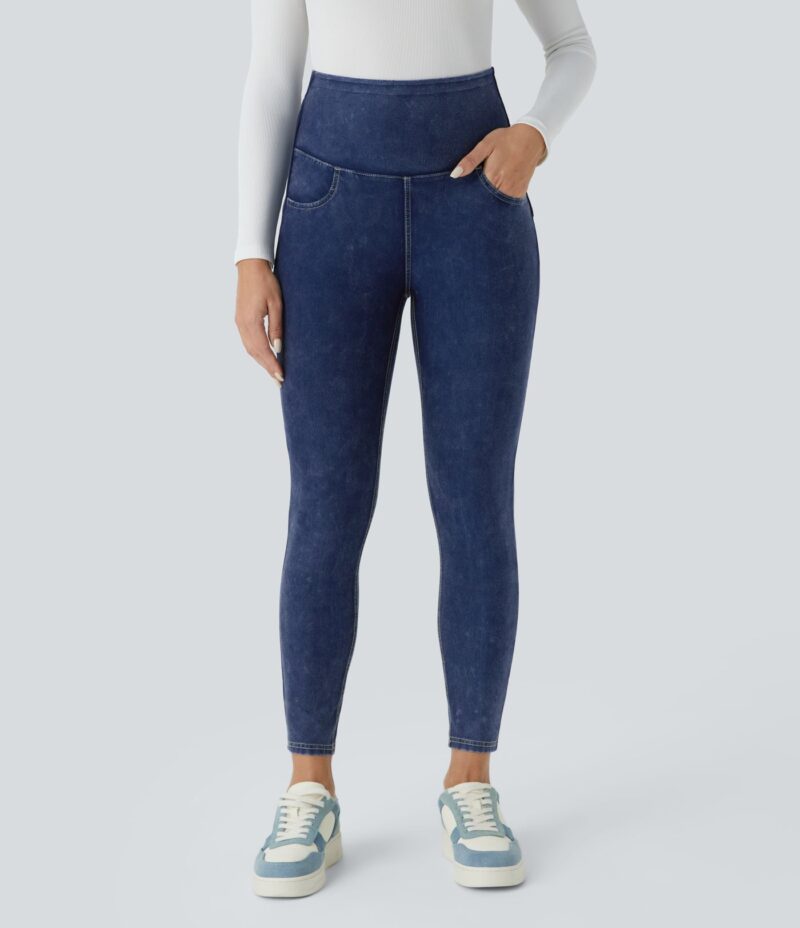 Leggings Flex Denim mezclilla elástica lavada bolsillo lateral cruzado tiro alto 7/8 - Image 2