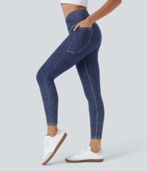 Leggings Flex Denim 7/8 mezclilla elástico lavado bolsillo lateral cruzado