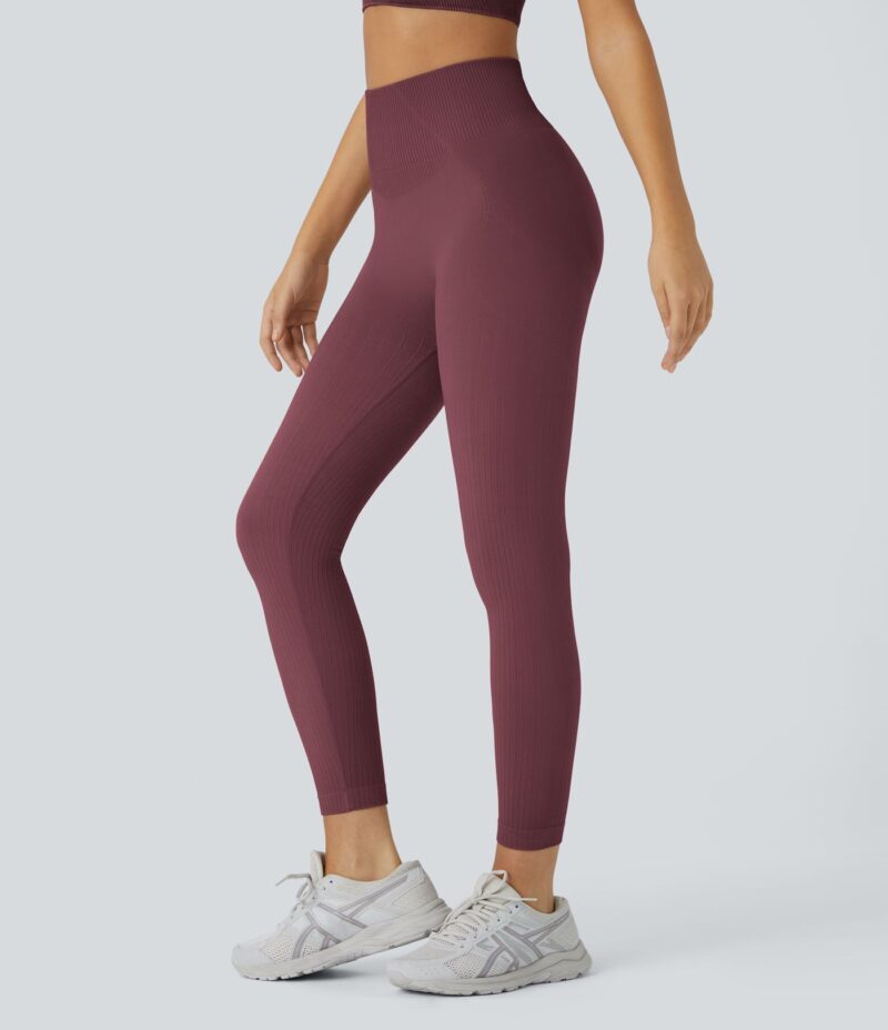 Leggings entrenamiento tiro alto acanalado suave sin costura agradable piel control abdomen levantamiento glúteo 7/8 - Image 4