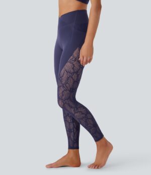 Leggings Softlyzero yoga tiro alto bolsillo lateral cruzado encaje contrastante 7/8 - UPF50+