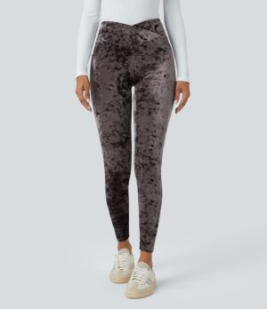 Leggings de terciopelo de tiro alto con cintura cruzada y bolsillos
