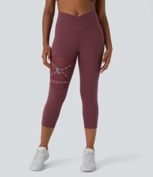 Leggings capri yoga hebilla decorativa malla contrastante cruzada tiro alto