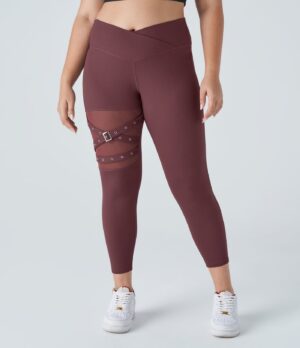 Leggings yoga tiro alto hebilla decorativa malla contrastante cruzado talla grande