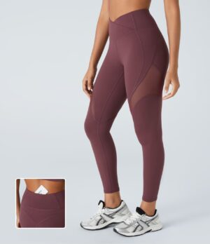 Leggings yoga 7/8 malla contrastante bolsillo trasero cruzado tiro alto