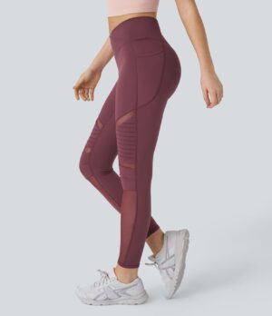 Leggings yoga cruzado costura superior malla contrastante bolsillo lateral tiro alto