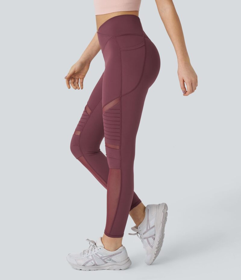 Leggings yoga cruzado costura superior malla contrastante bolsillo lateral tiro alto