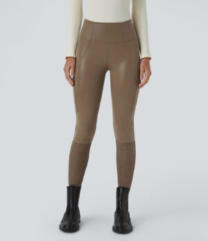 Leggings motociclista cuero sintético tiro alto bolsillo solapa tobillo