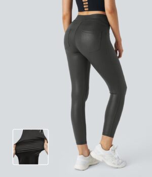 Leggings oficina Softlyzero Faux Leather bolsillo lateral trasero tiro alto