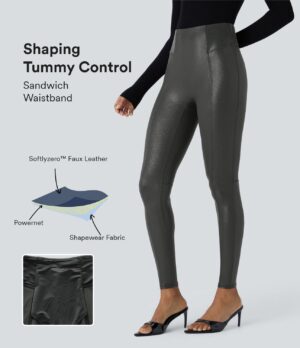 Leggings fiesta elástico estampado metalizado tiro alto cuero sintético control abdomen SoCinched