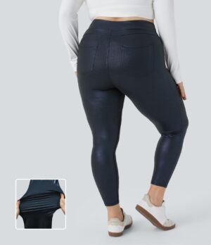 Softlyzero Faux Leather Leggings efecto piel ultra elástico talla plus oficina bolsillo lateral trasero tiro alto 7/8