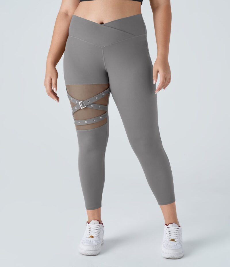 Leggings yoga tiro alto hebilla decorativa malla contrastante cruzado talla grande - Image 5