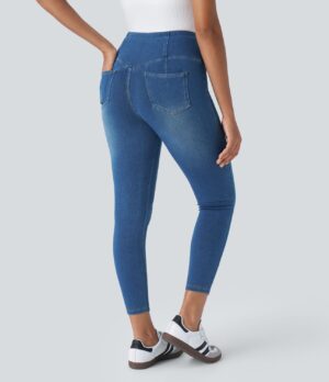 Leggings 7/8 Flex Denim elástico bolsillo trasero botón decorativo tiro alto