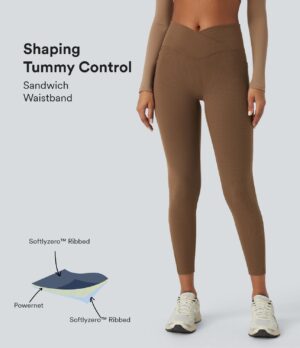 Softlyzero Acanalada Leggings 7/8 de yoga tiro alto control barriga cintura V bolsillo lateral unicolor