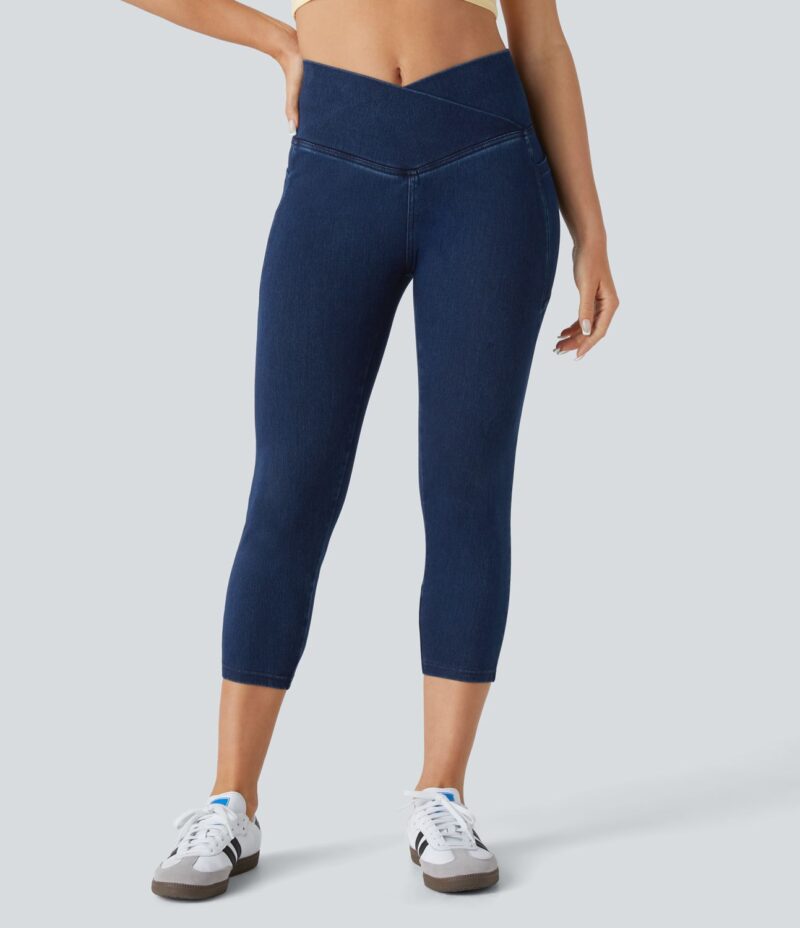 Leggings Flex Denim capri mezclilla elástico lavado bolsillo lateral cruzado - Image 3