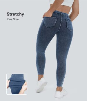 Leggings Flex Denim elásticos de talla grande con tiro alto y bolsillos traseros