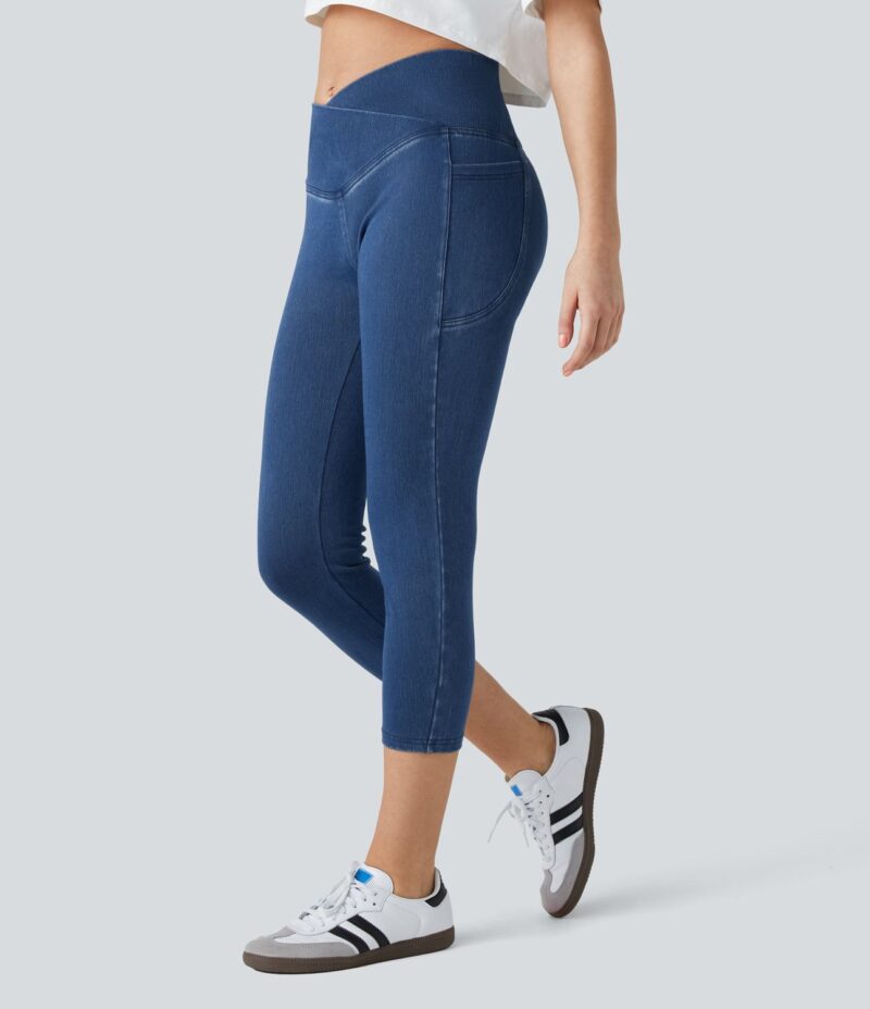 Leggings Flex Denim capri mezclilla elástico lavado bolsillo lateral cruzado - Image 4