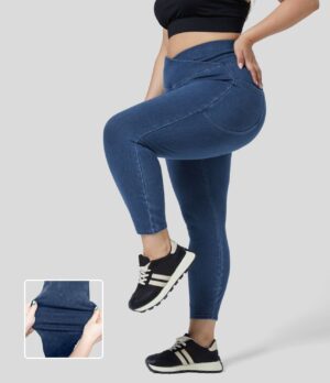Leggings Flex Denim oficina mezclilla elástica lavada bolsillo lateral cruzado talla grande